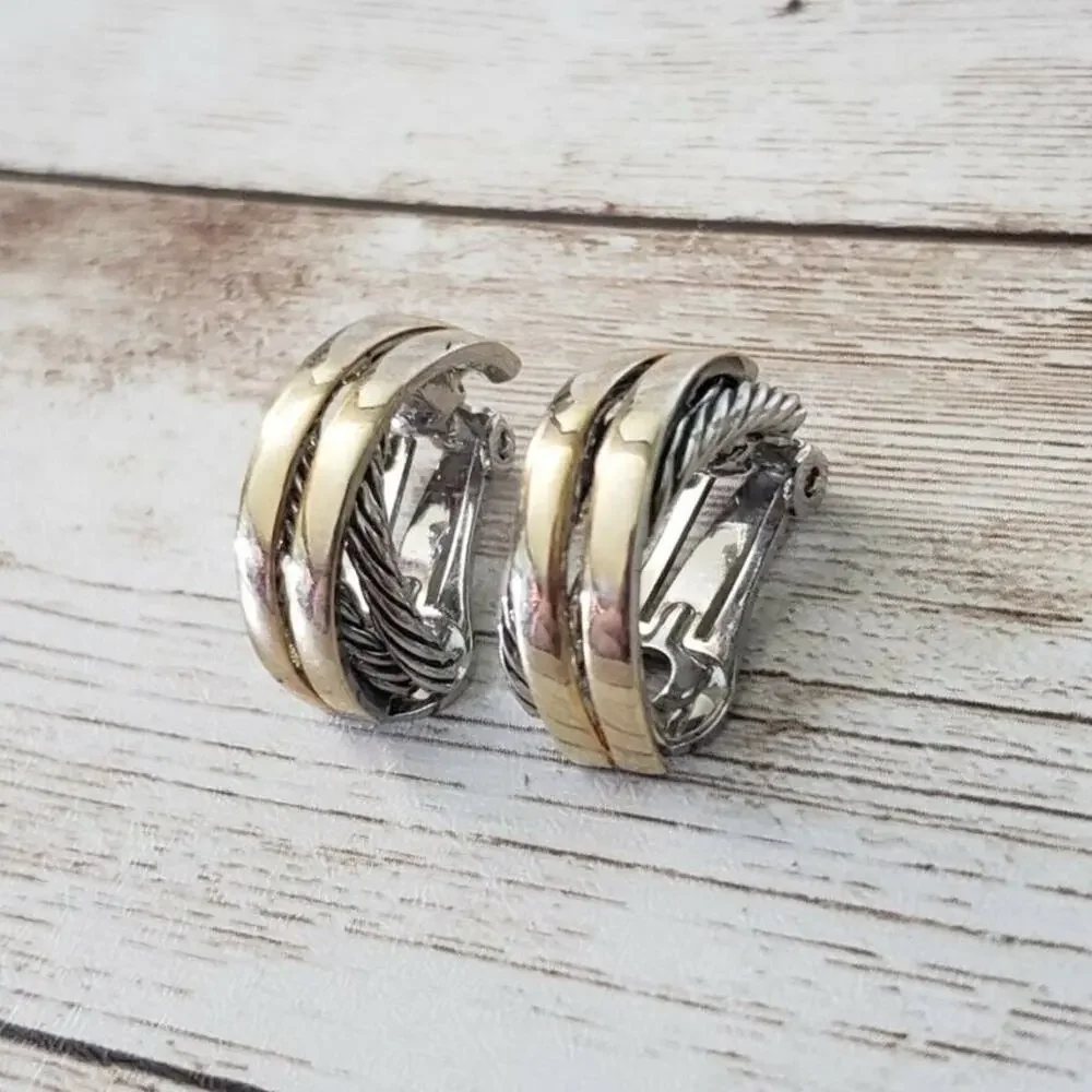 Vintage Clip On Earrings - Half Hoop Gold Tone Kiss with Woven Silver Tone